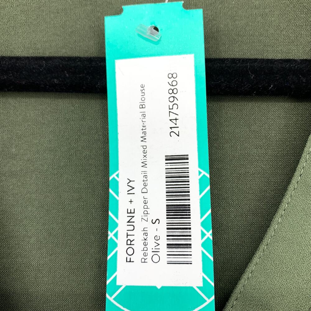 Fortune + Ivy Stitch Fix Olive Green Zip Front Blouse Womens Small Roll Tab NWT - Picture 6 of 7